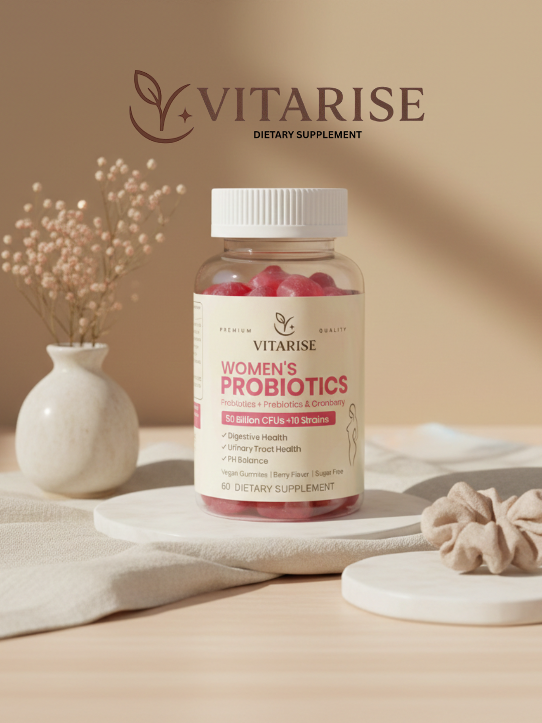 VITARISE Women’s Probiotics – 50 Billion CFUs + Prebiotics & Cranberry (60 Gummies)