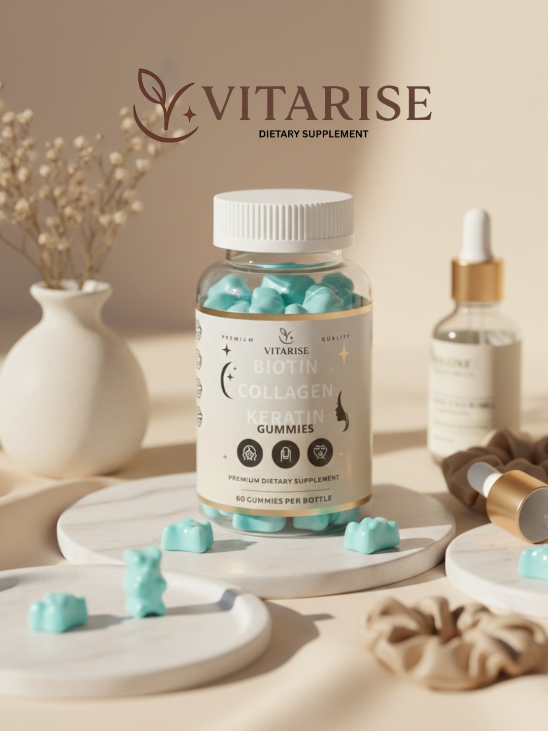 VITARISE Biotin + Collagen + Keratin Gummies – Hair, Skin & Nail Support (60 Gummies)