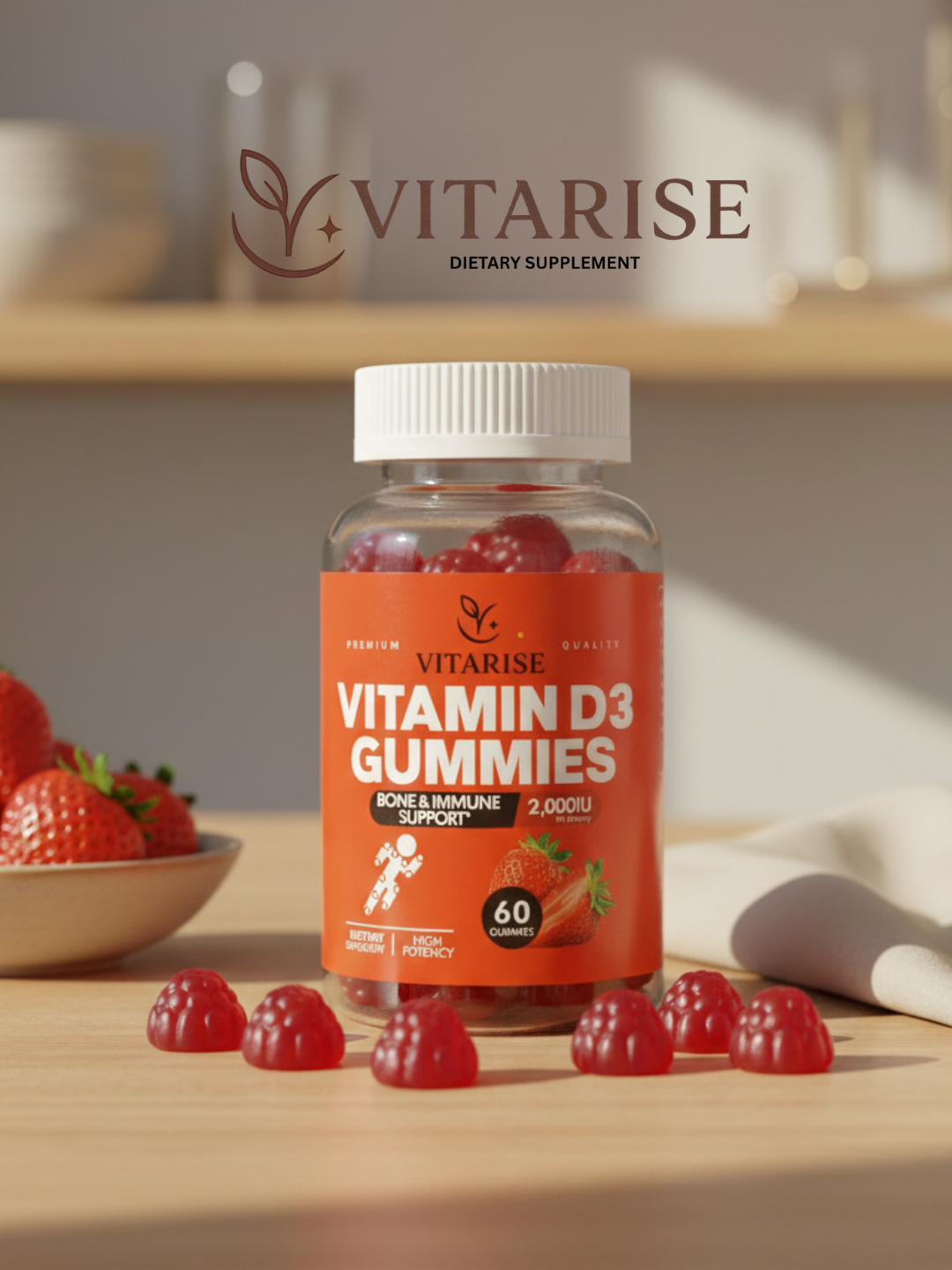 VITARISE Vitamin D3 Gummies – 2,000 IU Bone & Immune Support (60 Gummies)