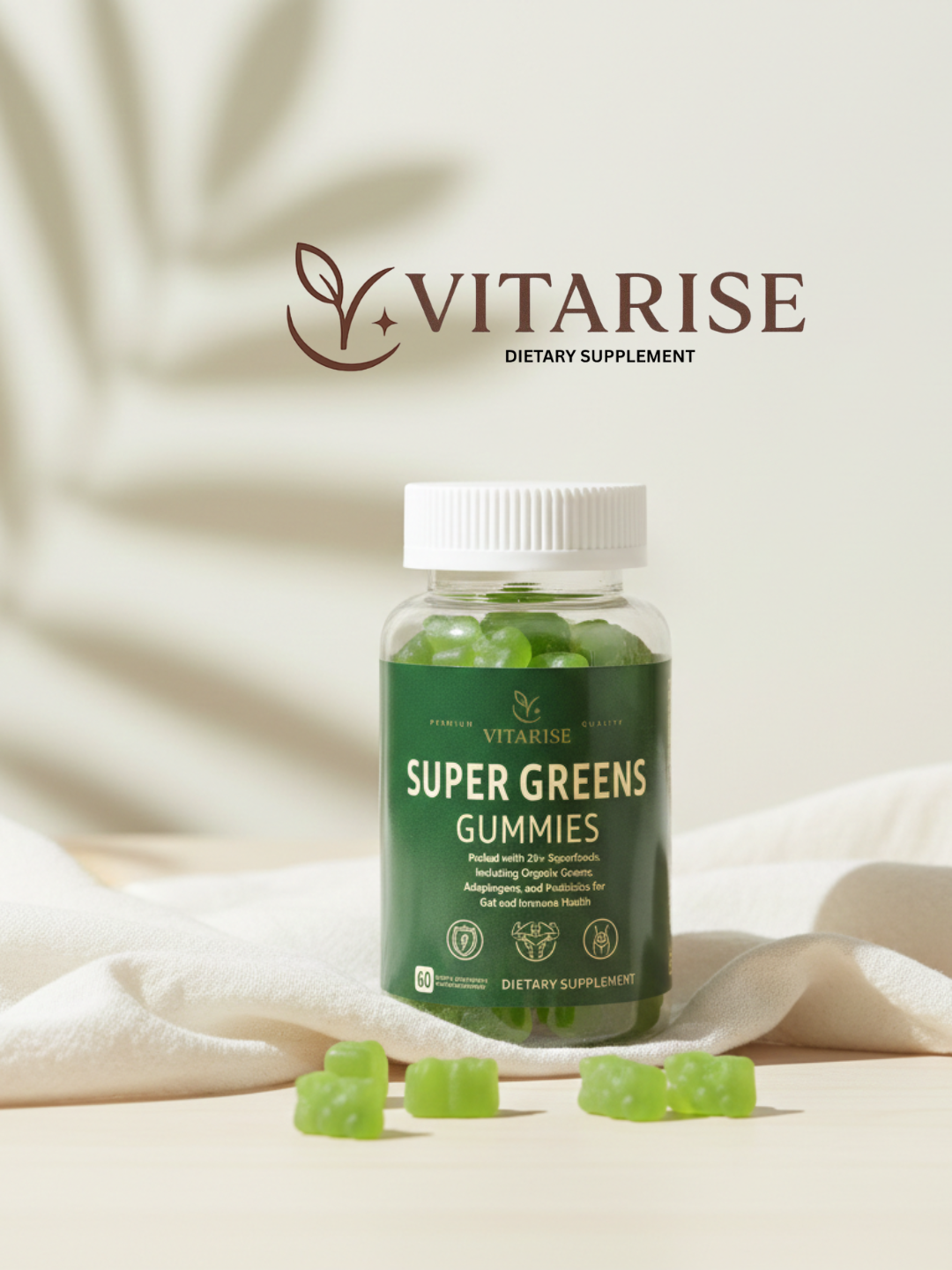 VITARISE Super Greens Gummies – Organic Greens, Probiotics & Adaptogens for Gut & Immune Health (60 Gummies)
